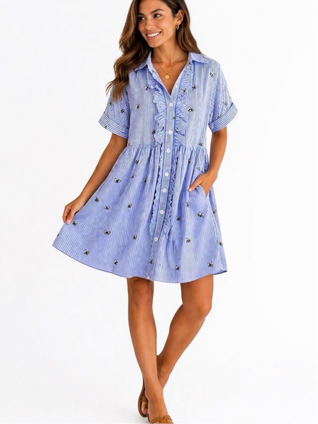 Blue Striped Bumble Bee Embroidered Button-Front Shirt Dress